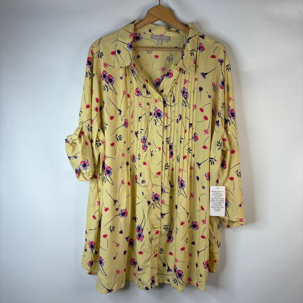 Woman Within Tunic Women 26/28 2X Yellow Floral Pleated Roll Tab Button Down